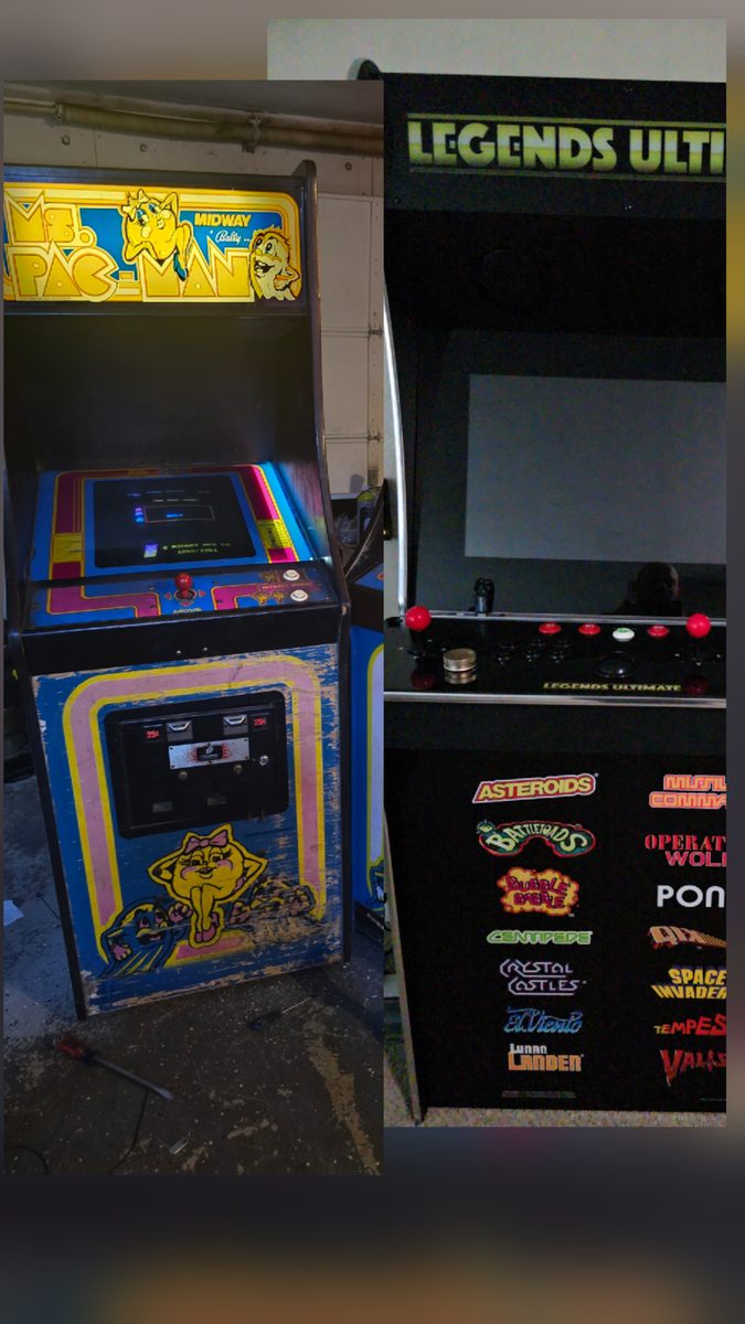Classic Ms. Pac-Man and modern Legends Ultimate arcade cabinets